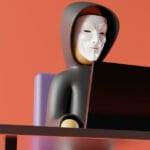 A doll wearing a Guy Fawkes mask and a hoodie in front of an orange background, implying its a hacker and the organization needs cybersecurity