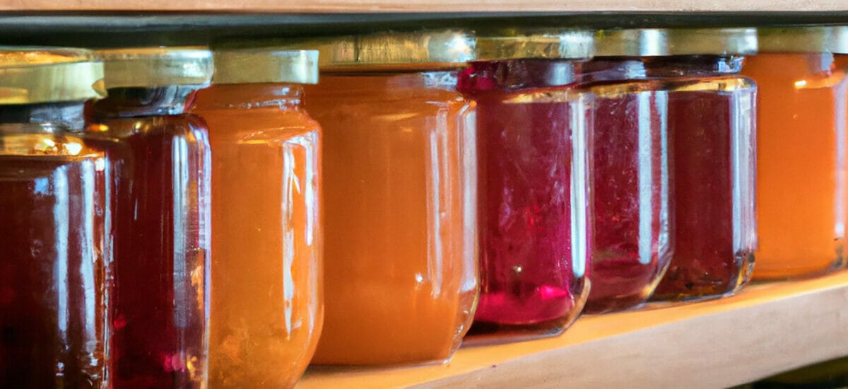 A shelf of jams depicting many choices