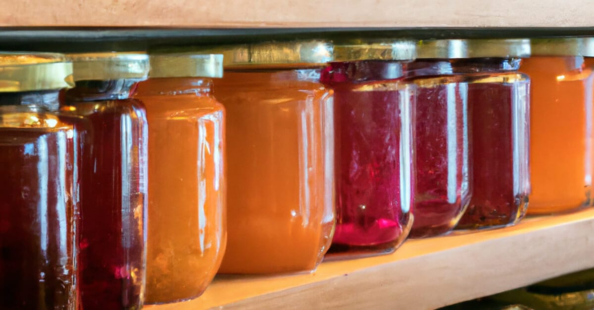 A shelf of jams depicting many choices