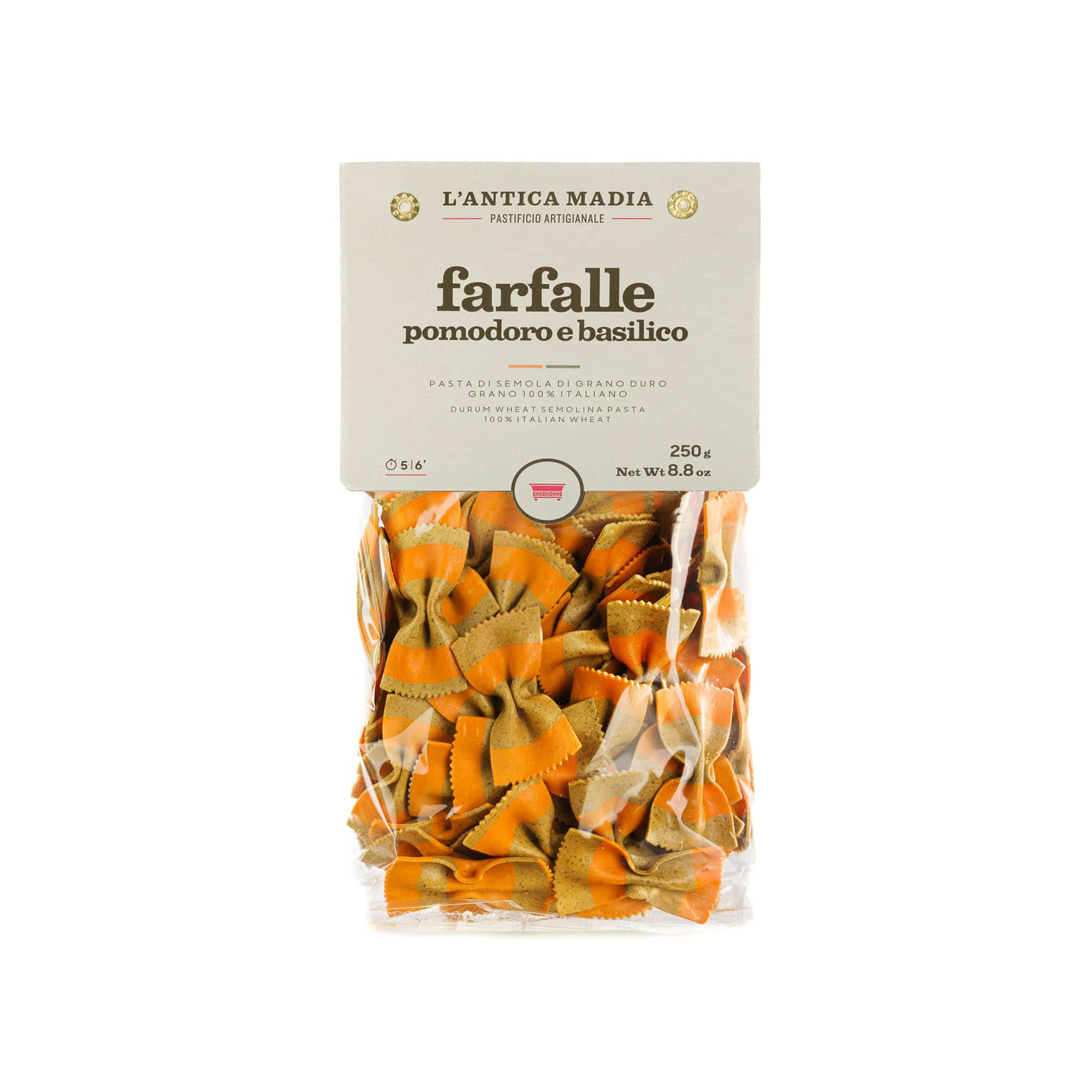 Pasta L'Antica Striped Farfalle with Tomato & Basil, 250g