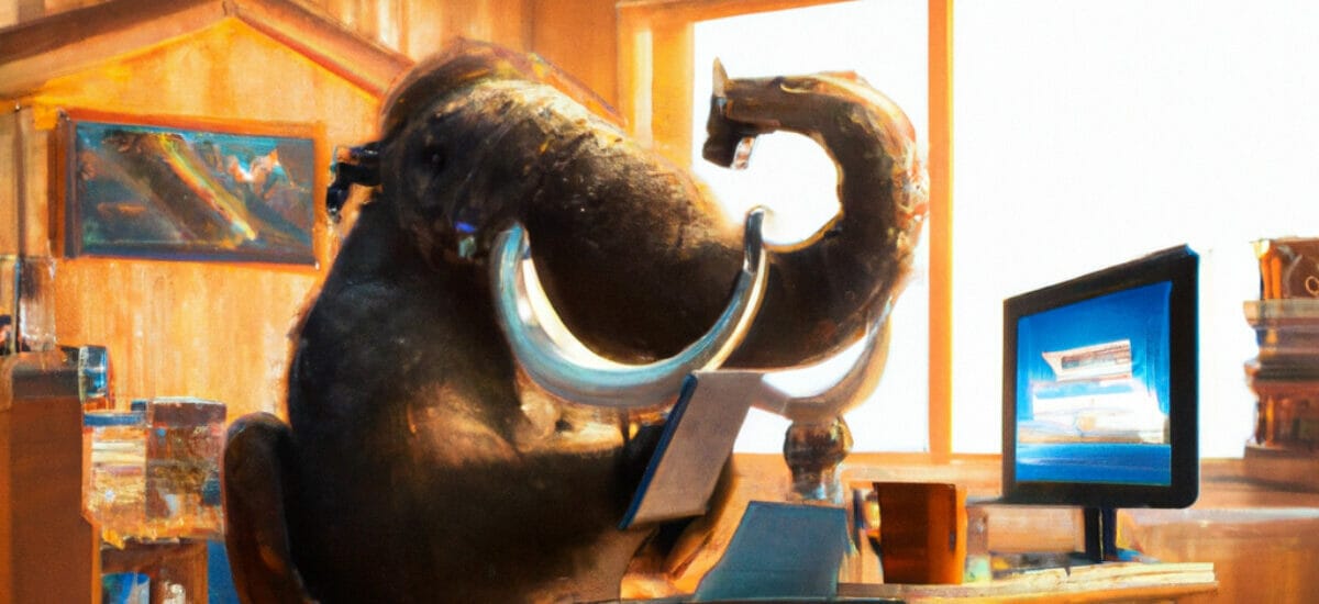 Mastodon scrolling through social media in an office, digital art